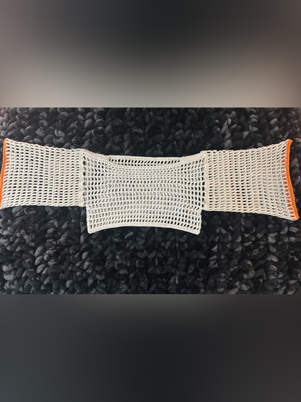 White Crochet Off-Shoulder Crop Top with Orange Trim
